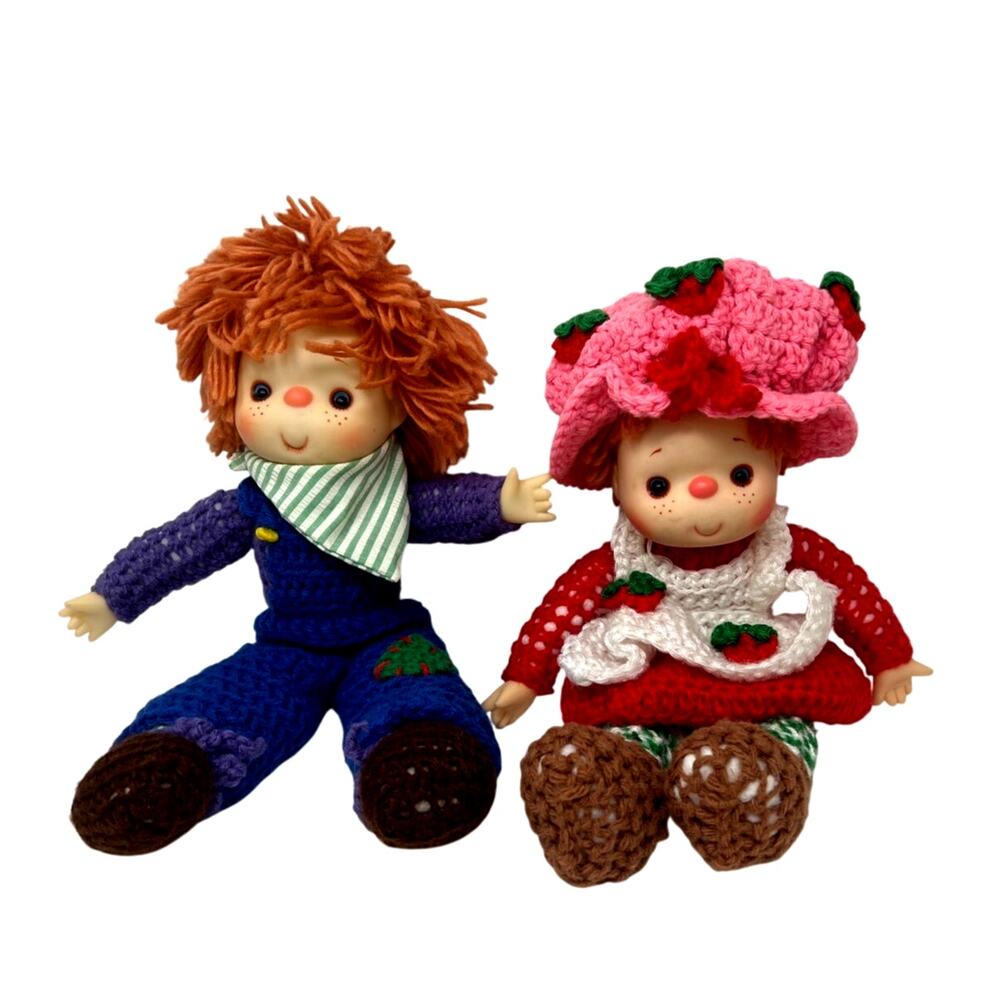 Vintage Dolls Set of 2 with Crochet Outfits Strawberry Girl & Blueberry Boy EUC